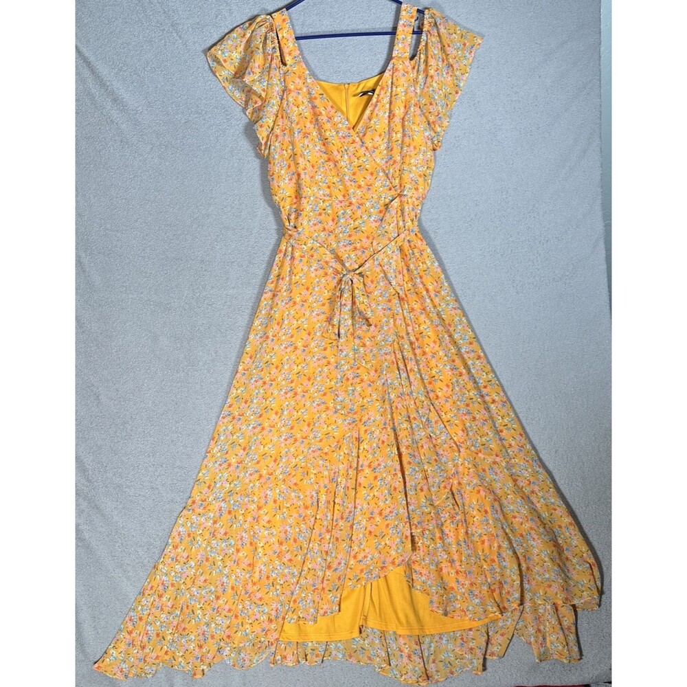 Maison Tara Womens Size 14 Cold Shoulder Maxi Dress Chiffon Yellow Belted Ruffle
